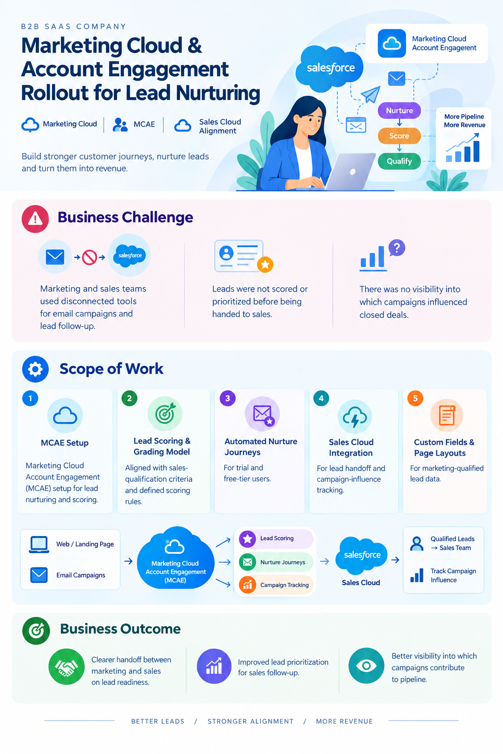 Illustrative infographic of Salesforce Marketing Cloud and Account Engagement rollout for lead nurturing at a B2B SaaS company
