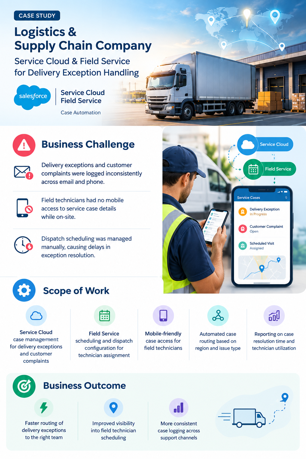 Illustrative infographic of Salesforce Service Cloud and Field Service for delivery exception handling at a logistics and supply chain company